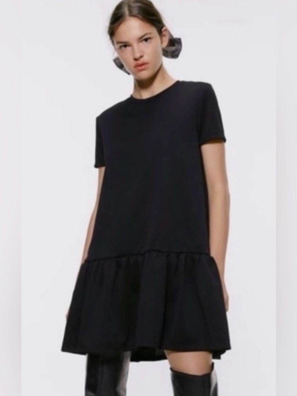 ZARA Black Drop Waist Ruffle Mini Dress L Short Sleeve